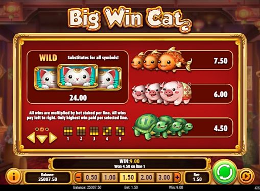 Таблица выплат в аппарате Big Win Cat 