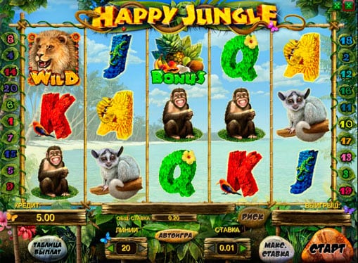 Дикий символ и бонус в игровом автомате Happy Jungle